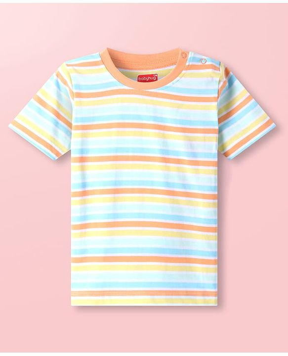 Babyhug Cotton Knit Half Sleeves  T-Shirt with Stripes - Blue & Yellow
