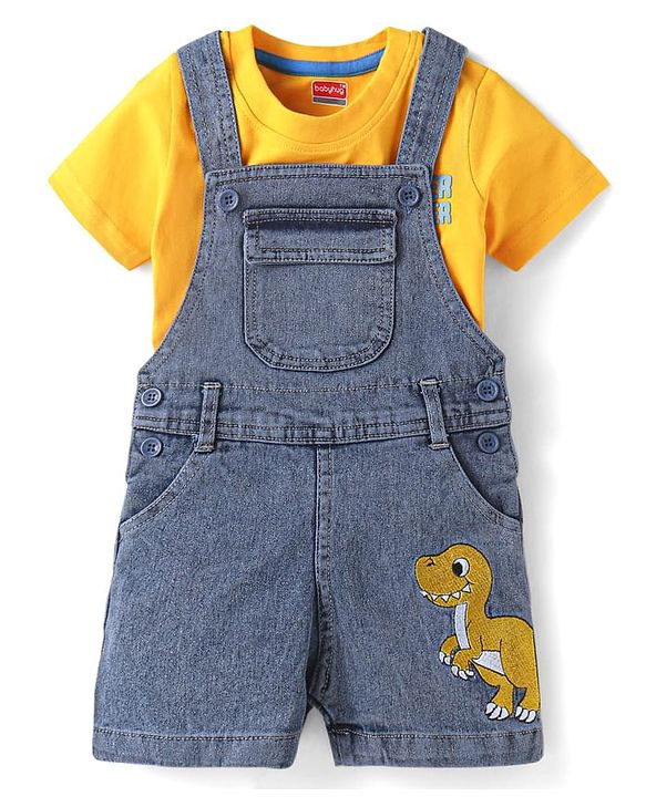 Babyhug Single Jersey Woven Dungaree & Half Sleeves T-Shirt With Dino Embroidery - Blue
