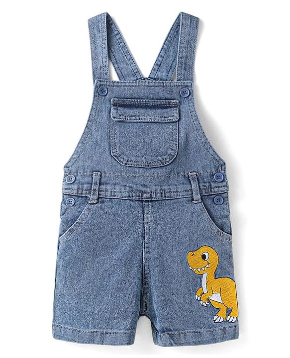Babyhug Single Jersey Woven Dungaree & Half Sleeves T-Shirt With Dino Embroidery - Blue