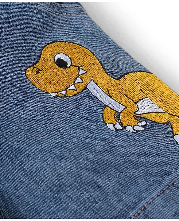 Babyhug Single Jersey Woven Dungaree & Half Sleeves T-Shirt With Dino Embroidery - Blue
