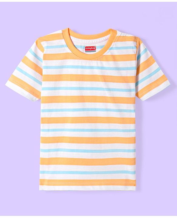 Babyhug Cotton Knit Half Sleeves T-Shirt with Stripes - White