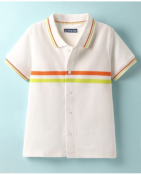 Pine Kids Knit Half Sleeves Shirt With Striped Detailing - White