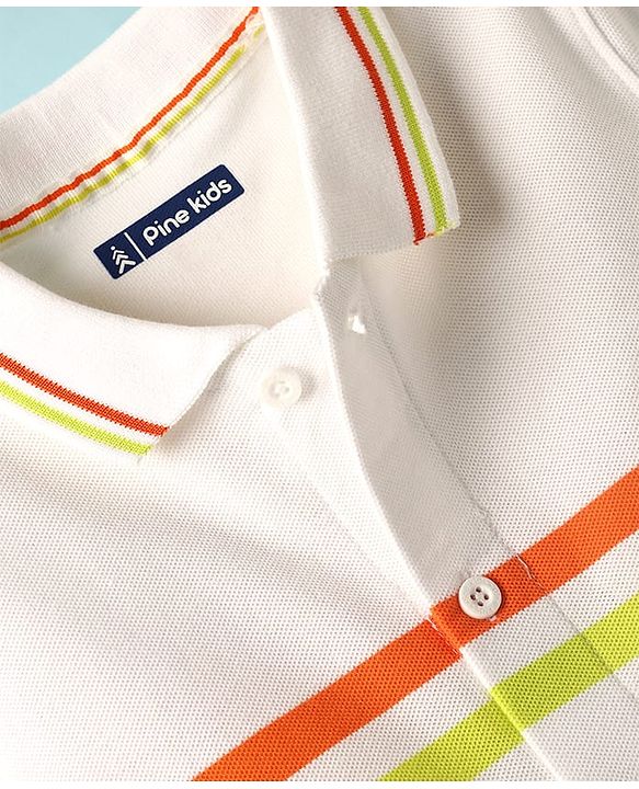 Pine Kids Knit Half Sleeves Shirt With Striped Detailing - White