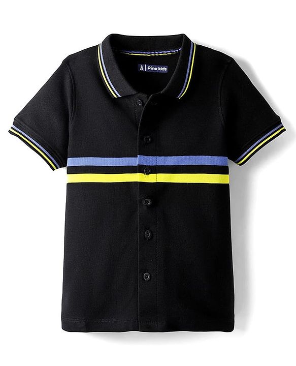 Pine Kids Knit Half Sleeves Shirt With Stripes - Black