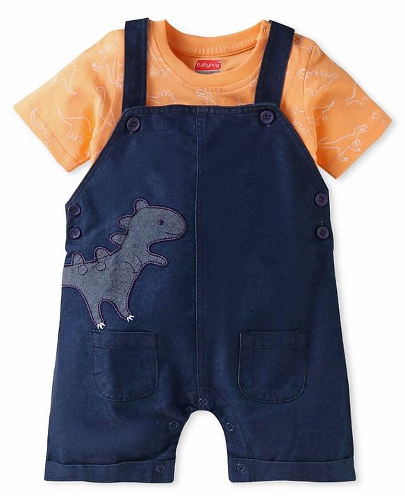 Babyhug Single Jersey Knit Half Sleeves T-Shirt & Dungaree Set with Dino Print & Embroidery - Navy Blue & Orange