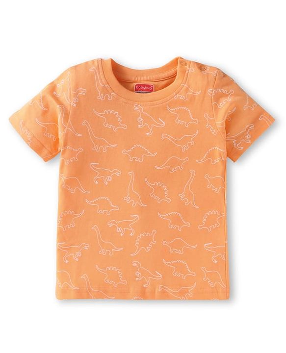 Babyhug Single Jersey Knit Half Sleeves T-Shirt & Dungaree Set with Dino Print & Embroidery - Navy Blue & Orange