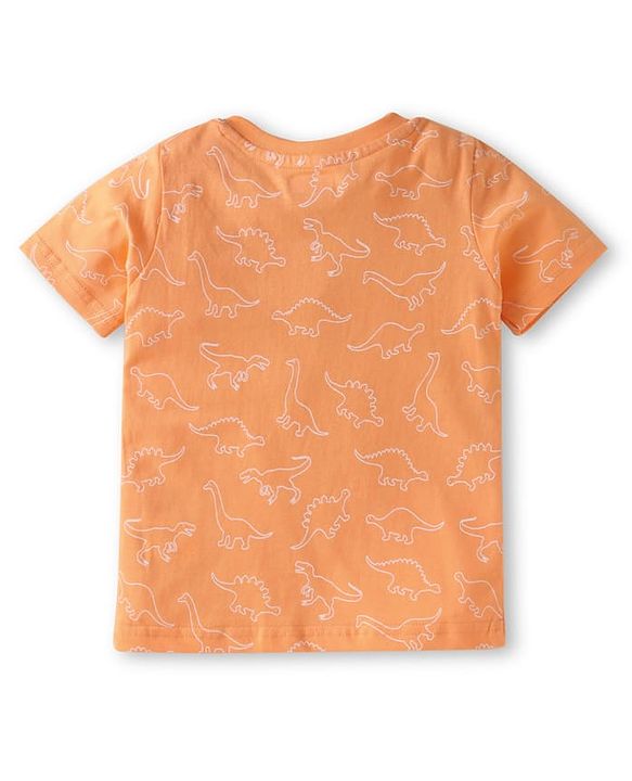 Babyhug Single Jersey Knit Half Sleeves T-Shirt & Dungaree Set with Dino Print & Embroidery - Navy Blue & Orange