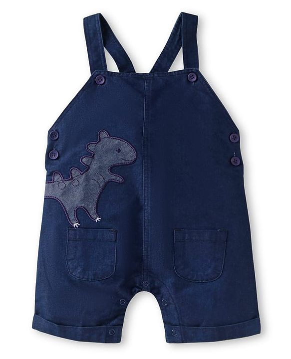Babyhug Single Jersey Knit Half Sleeves T-Shirt & Dungaree Set with Dino Print & Embroidery - Navy Blue & Orange