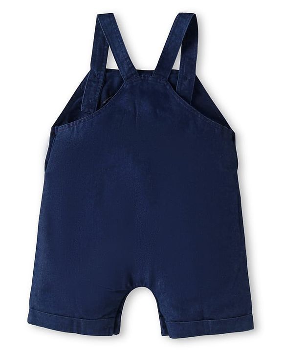 Babyhug Single Jersey Knit Half Sleeves T-Shirt & Dungaree Set with Dino Print & Embroidery - Navy Blue & Orange