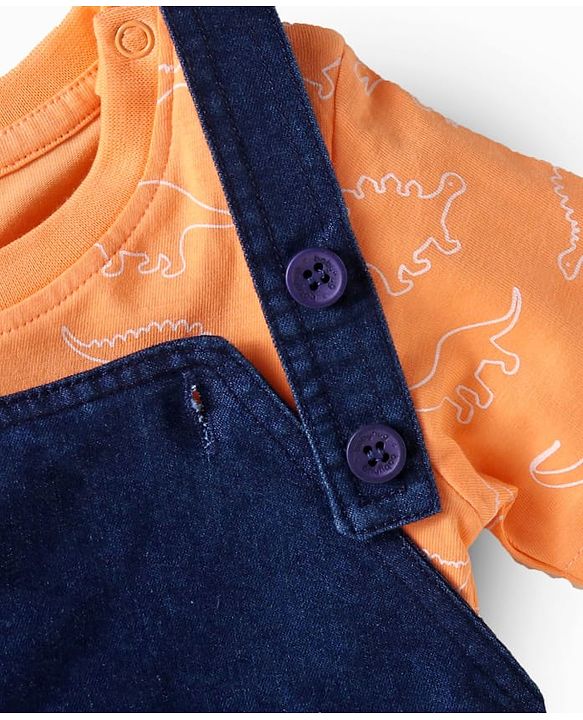 Babyhug Single Jersey Knit Half Sleeves T-Shirt & Dungaree Set with Dino Print & Embroidery - Navy Blue & Orange