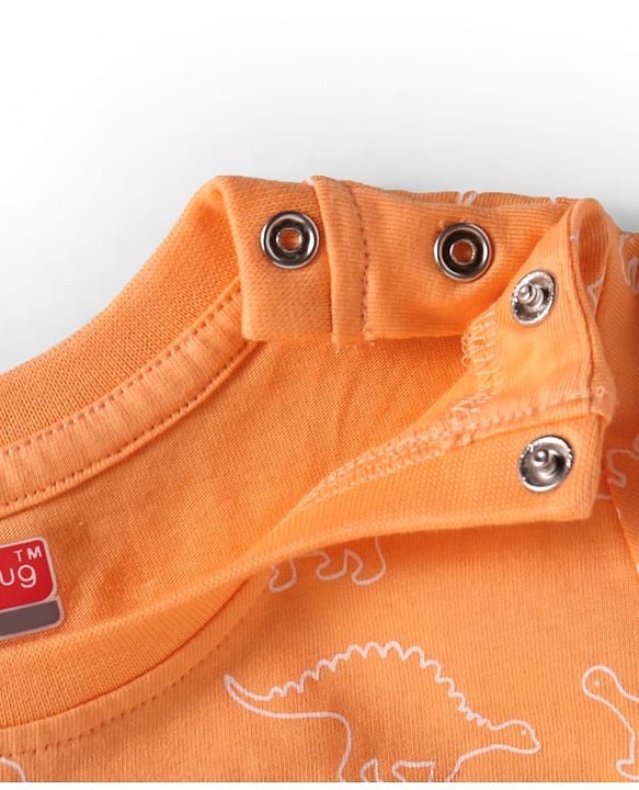 Babyhug Single Jersey Knit Half Sleeves T-Shirt & Dungaree Set with Dino Print & Embroidery - Navy Blue & Orange