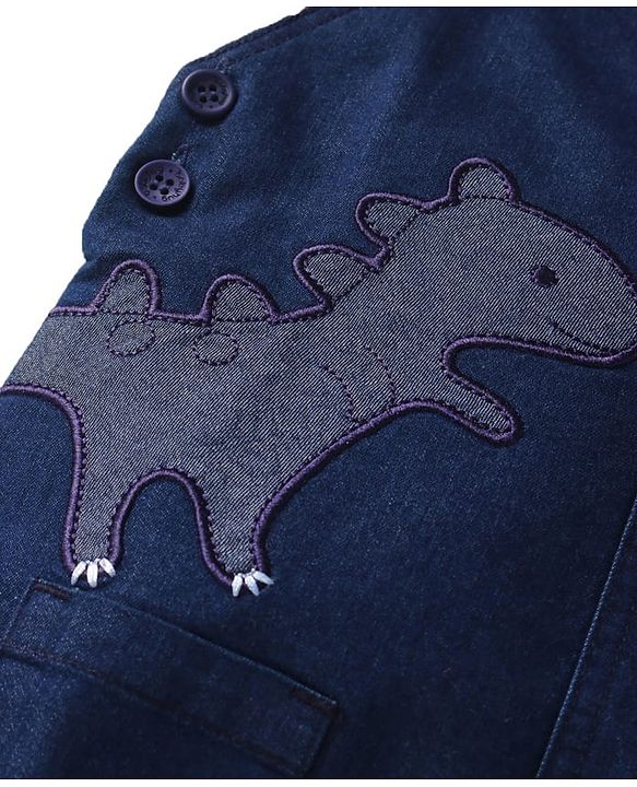 Babyhug Single Jersey Knit Half Sleeves T-Shirt & Dungaree Set with Dino Print & Embroidery - Navy Blue & Orange