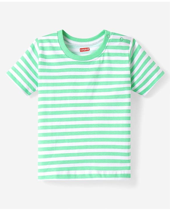 Babyhug 100% Cotton Knit Half Sleeves Striped T-Shirt - Light Green & White