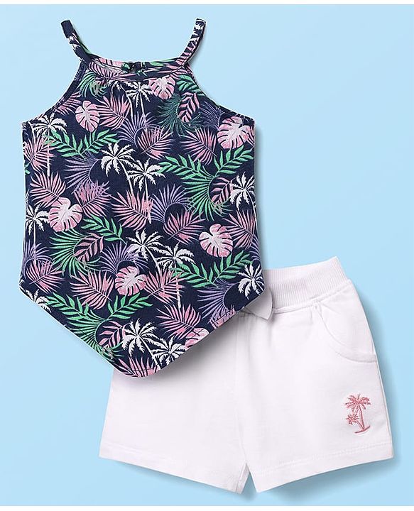 Babyhug Single Jersey Knit Sleeveless Top & Shorts Set with Tropical Theme Print & Bow Applique - White & Navy Blue