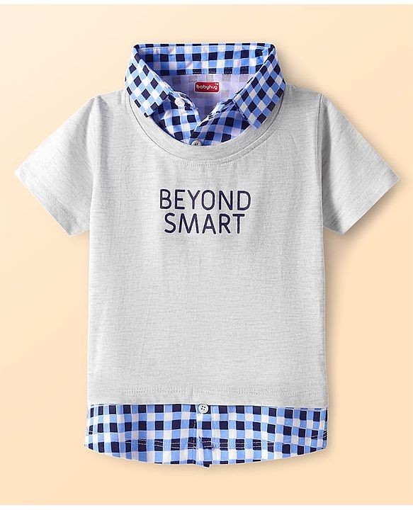 Babyhug Cotton Knit Half Sleeves Overlapped T-Shirt with Checks & Beyond Smart Text Print - Grey & Blue