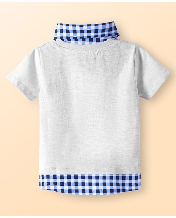 Babyhug Cotton Knit Half Sleeves Overlapped T-Shirt with Checks & Beyond Smart Text Print - Grey & Blue