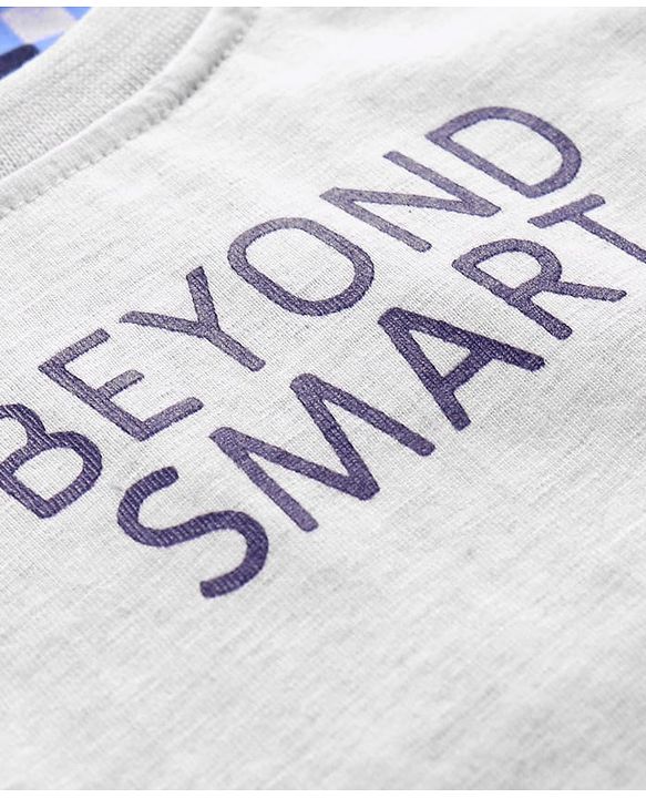 Babyhug Cotton Knit Half Sleeves Overlapped T-Shirt with Checks & Beyond Smart Text Print - Grey & Blue