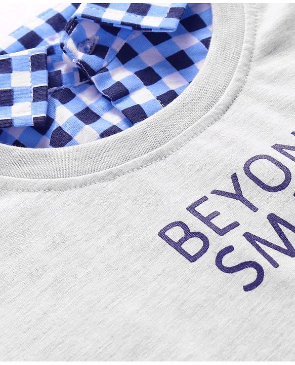 Babyhug Cotton Knit Half Sleeves Overlapped T-Shirt with Checks & Beyond Smart Text Print - Grey & Blue
