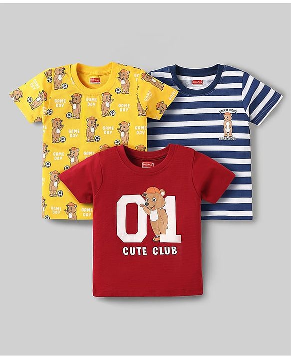 Babyhug Cotton Knit Half Sleeves T-Shirts With Stripes & Animal Print Pack Of 3 - Dark Red & Yellow