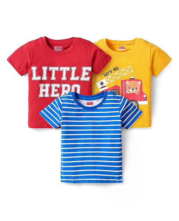 Babyhug Cotton Knit Half Sleeves T-Shirts With Stripes & Little Hero Text Print Pack Of 3 - Yellow & Blue