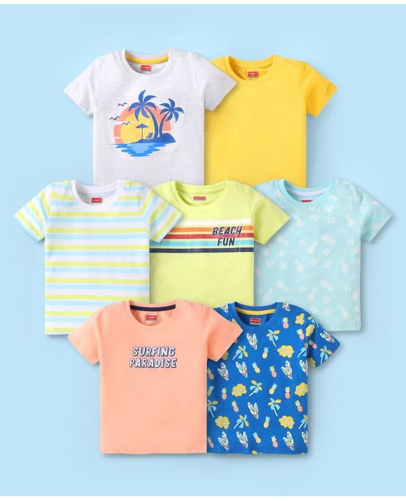 Babyhug Cotton Knit Half Sleeves T-Shirts with Beach Theme Print & Stripes Pack of 7 - Multicolor
