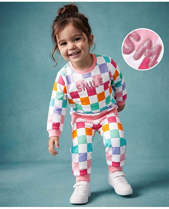 Babyhug Interlock Knit Full Sleeves T-Shirt & Lounge Pant Set With Checks - White