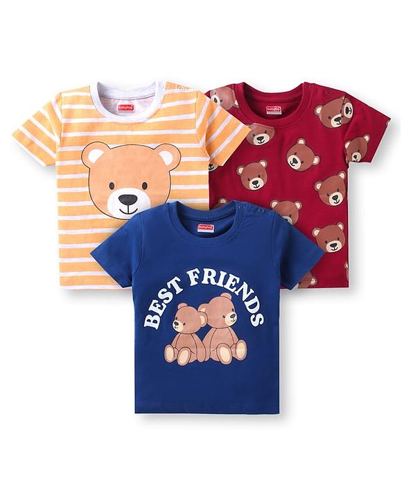 Babyhug Cotton Knit Half Sleeves T-Shirts With Stripes Bear & Best Friend Text Print Pack Of 3 - Red Navy Blue & Red