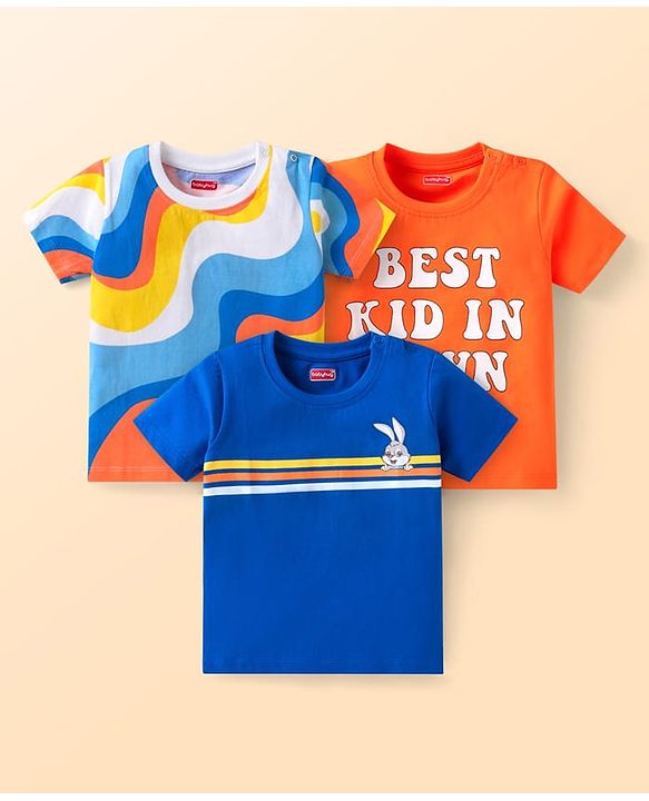 Babyhug Cotton Knit Half Sleeves T-Shirts With Animal & Text Print Pack Of 3 - Orange & Blue