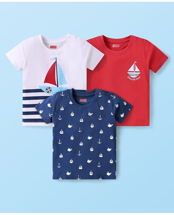 Babyhug Cotton Knit Half Sleeves T-Shirt with Nautical Theme Print Pack of 3 - Red Navy Blue & White