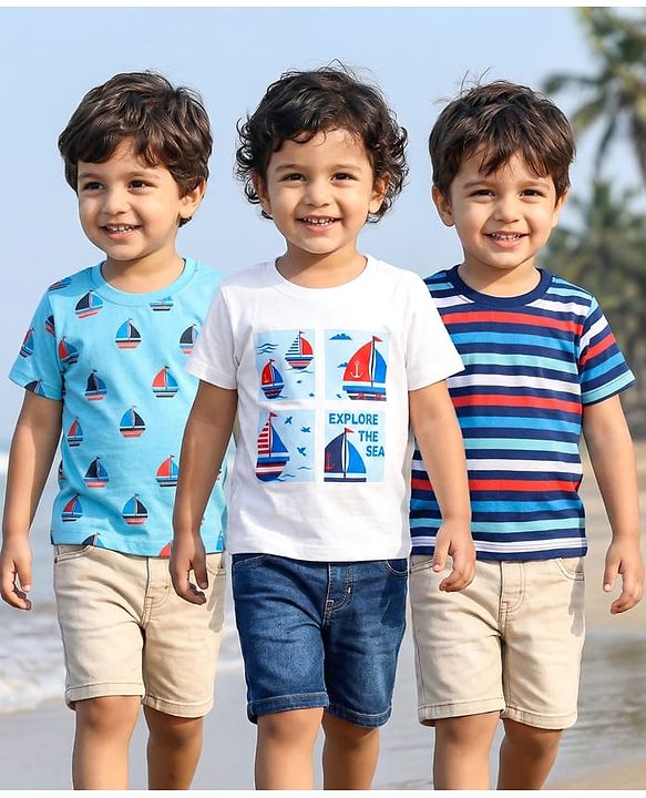 Babyhug Cotton Knit Half Sleeves T-Shirts With Stripes & Nautical Print Pack Of 3 - Blue & White