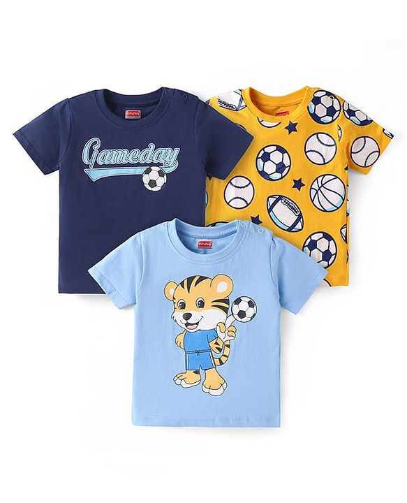 Babyhug Cotton Knit Half Sleeves T-Shirts With Sports Theme Graphics Pack Of 3 - Yellow & Navy Blue