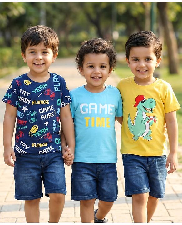 Babyhug Cotton Knit Half Sleeves T-Shirts With Dino Print & Gaming Theme Text Print Pack Of 3 - Light Blue Navy Blue & Yellow
