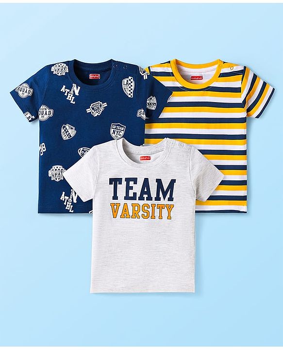 Babyhug Cotton Knit Half Sleeves T-Shirts With Stripes & Team Varsity Text Print Pack Of 3 - Yellow & Navy Blue