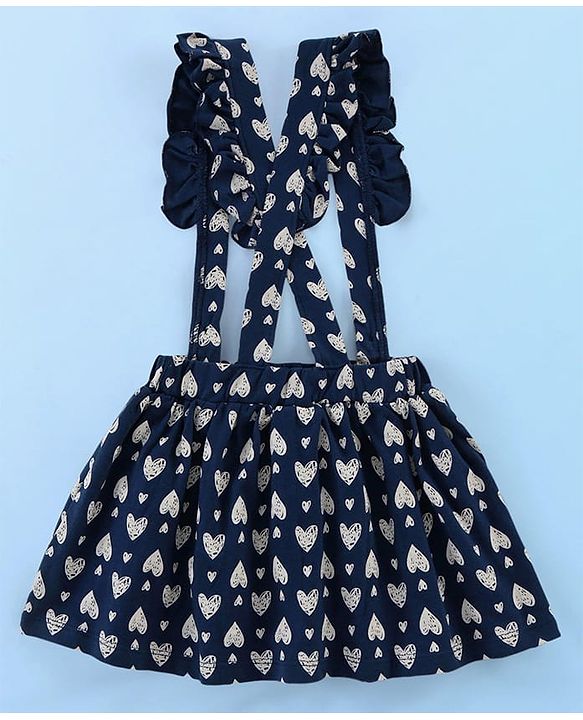 Babyhug Single Jersey Knit Puffed Sleeves Top & Skirt With Bow Applique & Heart Print - Navy Blue & White