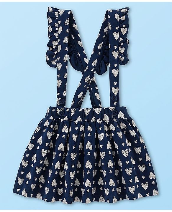 Babyhug Single Jersey Knit Puffed Sleeves Top & Skirt With Bow Applique & Heart Print - Navy Blue & White