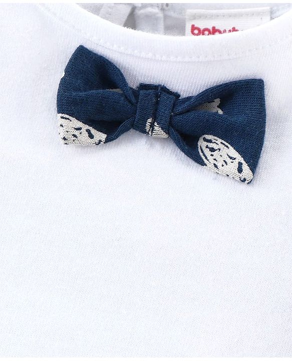 Babyhug Single Jersey Knit Puffed Sleeves Top & Skirt With Bow Applique & Heart Print - Navy Blue & White