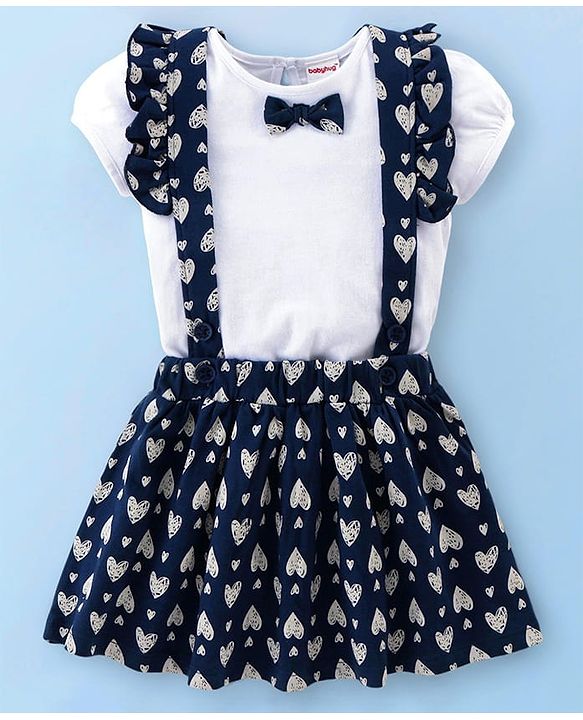Babyhug Single Jersey Knit Puffed Sleeves Top & Skirt With Bow Applique & Heart Print - Navy Blue & White