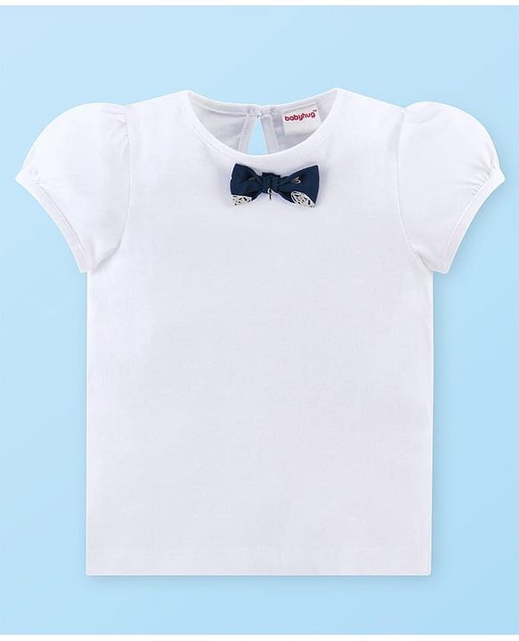Babyhug Single Jersey Knit Puffed Sleeves Top & Skirt With Bow Applique & Heart Print - Navy Blue & White