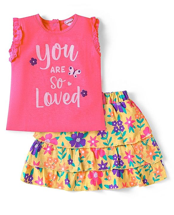 Babyhug Single Jersey Knit Sleeveless Top & Skirt With Floral & Text Print - Dark Pink & Mustard
