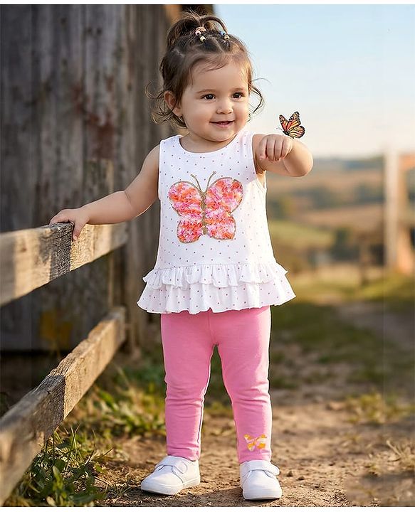Babyhug Single Jersey Knit Sleeveless Polka Dot Printed Top & Butterfly Printed Legging Set With Butterfly Applique - White & Pink
