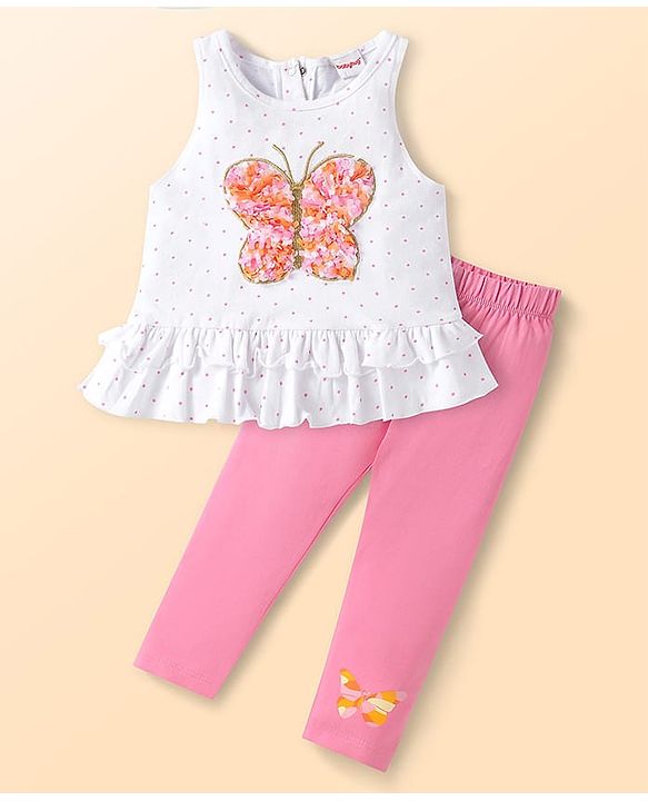 Babyhug Single Jersey Knit Sleeveless Polka Dot Printed Top & Butterfly Printed Legging Set With Butterfly Applique - White & Pink