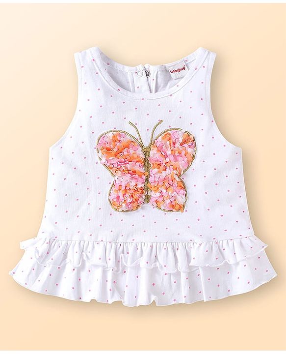 Babyhug Single Jersey Knit Sleeveless Polka Dot Printed Top & Butterfly Printed Legging Set With Butterfly Applique - White & Pink