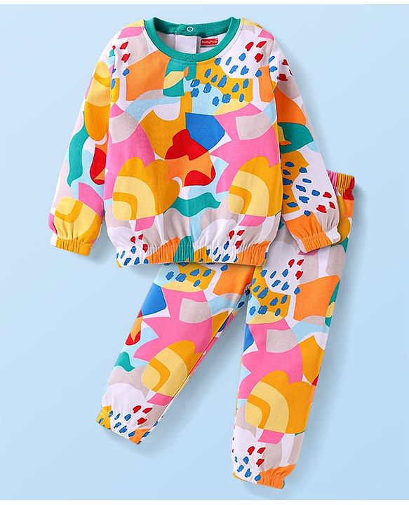 Babyhug Knit  Interlock Knit Full Sleeves T-Shirt & Lounge Pants Set With Abstract Print - Yellow Orange