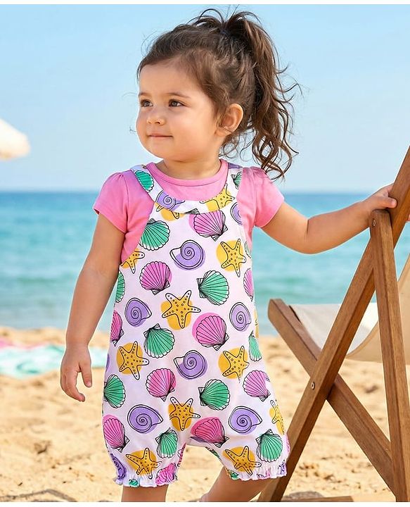 Babyhug Interlock Knit Sea Life Printed Dungaree & Half Sleeves Text Printed Top Set - White & Pink