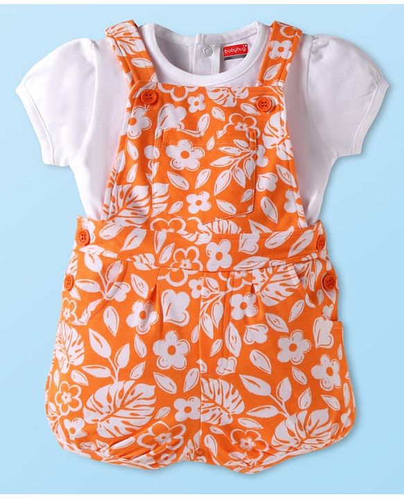 Babyhug Interlock Knit Half Puffed Sleeves Top & Dungaree with Floral & Text Print - Orange & White