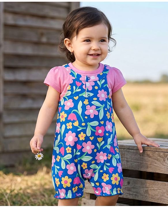 Babyhug Interlock Knit Dungaree & Cap Sleeves T-Shirt With Floral Print - Blue & Pink