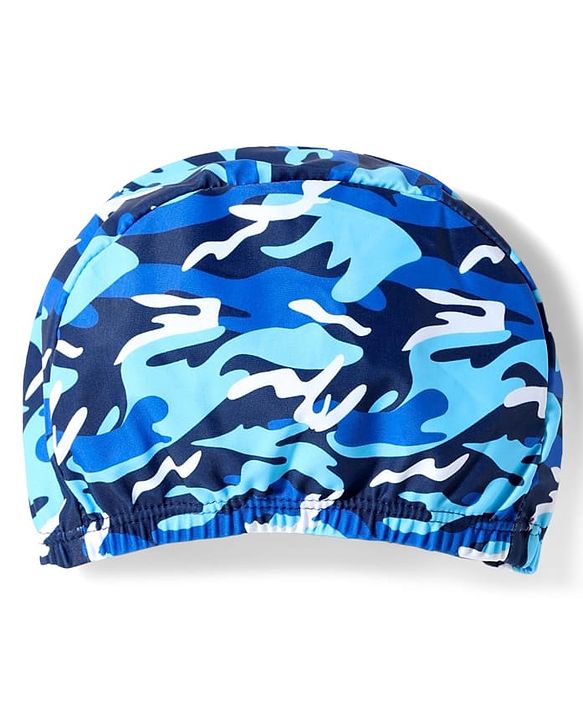 Pine Kids Mid Thigh Length Swimming Trunks with Cap Abstract Print - Navy Blue