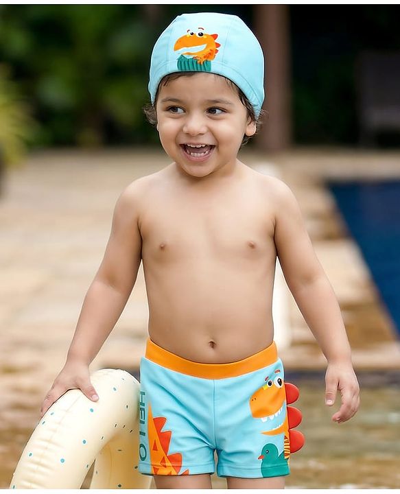 Babyhug Swimming Trunk & Cap with Dino Print - Blue