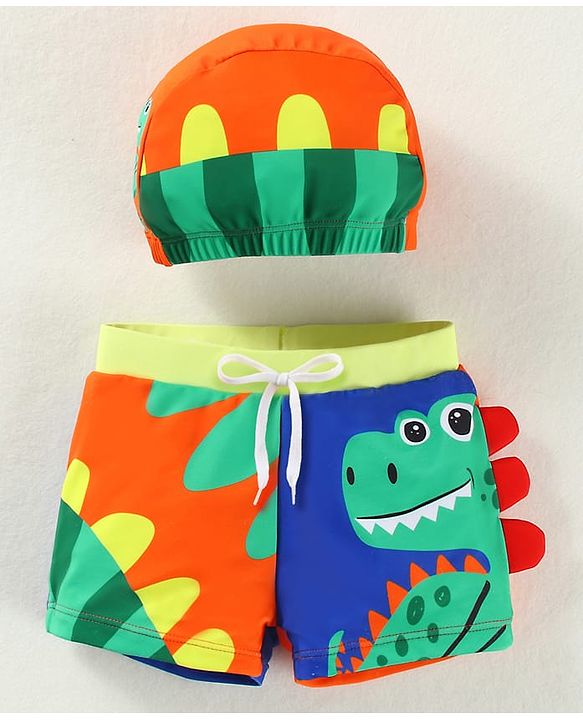Babyhug Swimming Trunk & Cap with Dino Print - Green & Orange