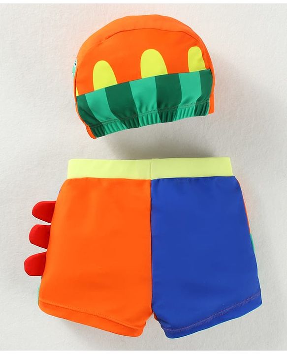 Babyhug Swimming Trunk & Cap with Dino Print - Green & Orange